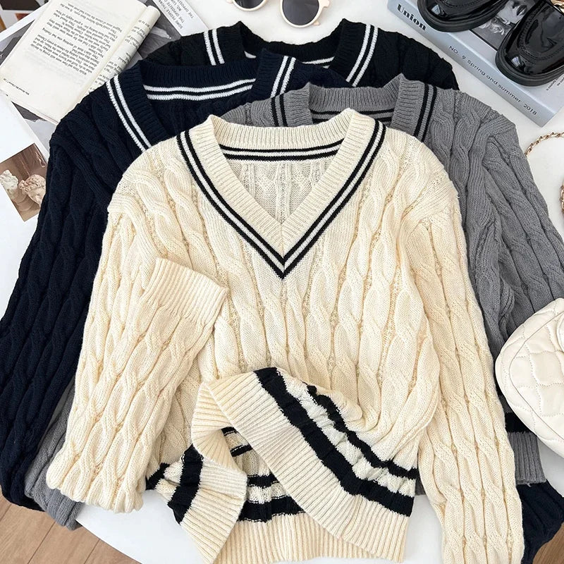 2026 New Autumn Winter Preppy Style Knitwear V-neck Long Sleeve Knitted Sweaters Twist Hit Color Striped Short Pullover Tops