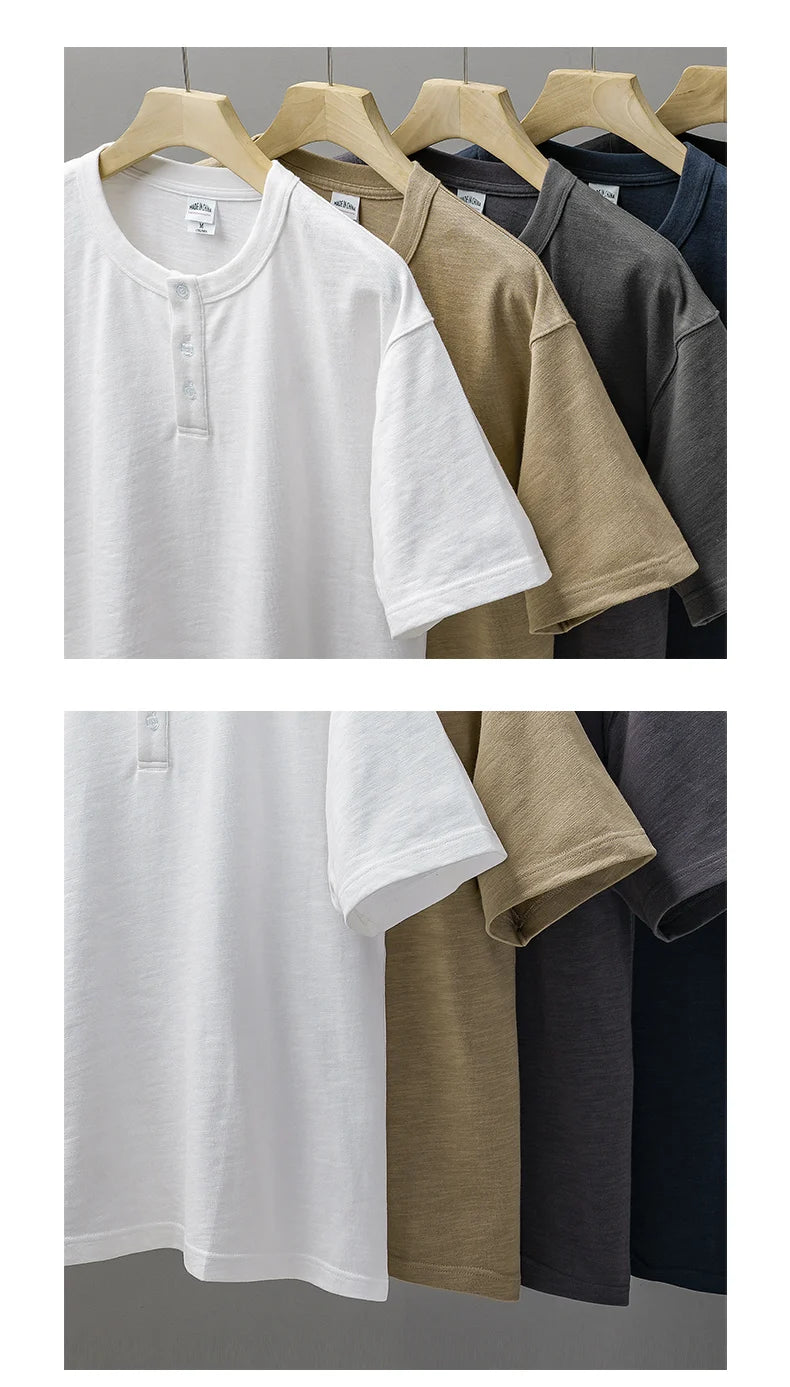 Dukeen 320g Heavyweight Henley Shirt for Men Short Sleeved Summer 100% Cotton Oversized White T Shirt Man Clothing luxecrown.co.uk