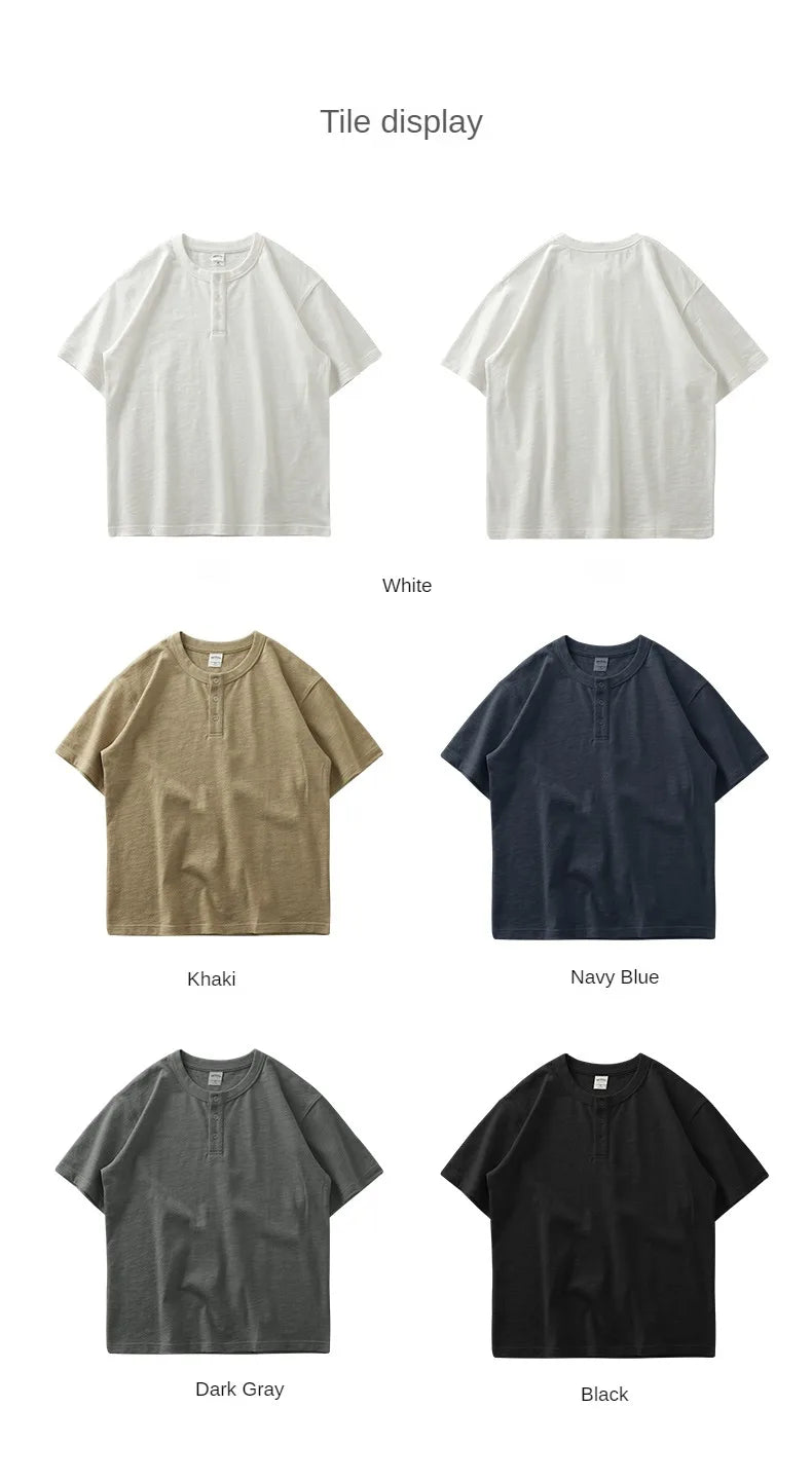 Dukeen 320g Heavyweight Henley Shirt for Men Short Sleeved Summer 100% Cotton Oversized White T Shirt Man Clothing luxecrown.co.uk