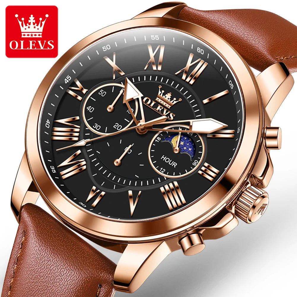 OLEVS 3632 Men Watch Elegant Luxury Sport Quartz Watch Scale Waterproof Luminous Automatic Date Moon Belt Watch Gifts Original luxecrown.co.uk