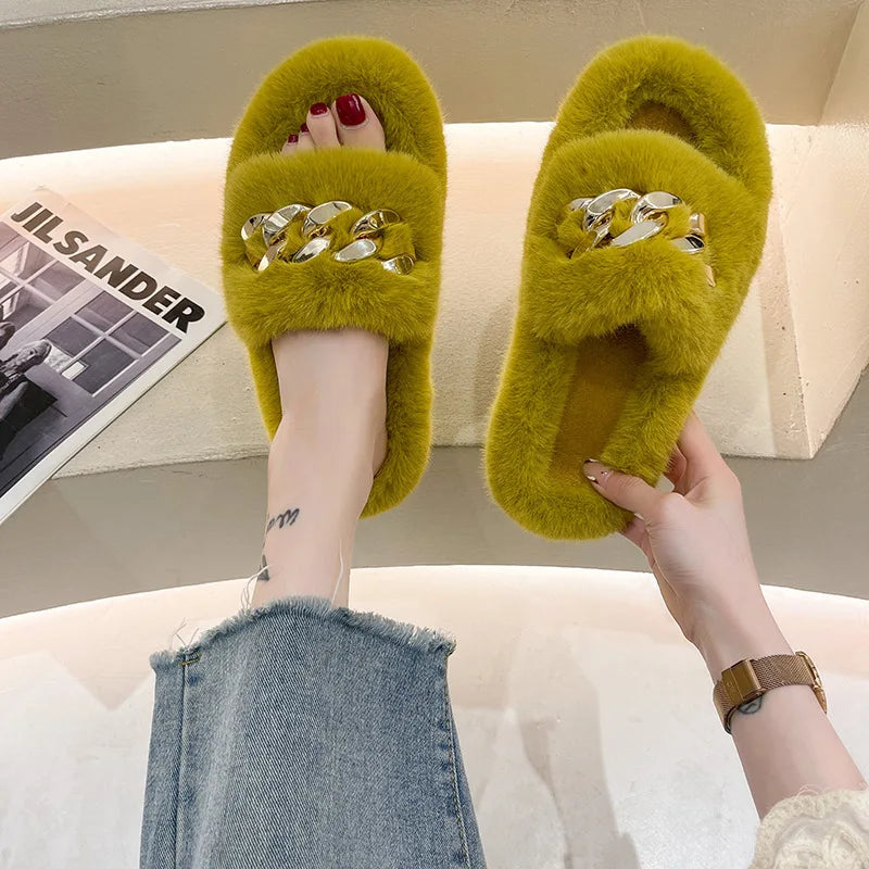 Fashion Faux Fox Fur Slippers Women Spring Autumn Fluffy Slides Ladies Peep Toe Fur Shoes Flat Large Size Furry Soft House Shoes luxecrown.co.uk