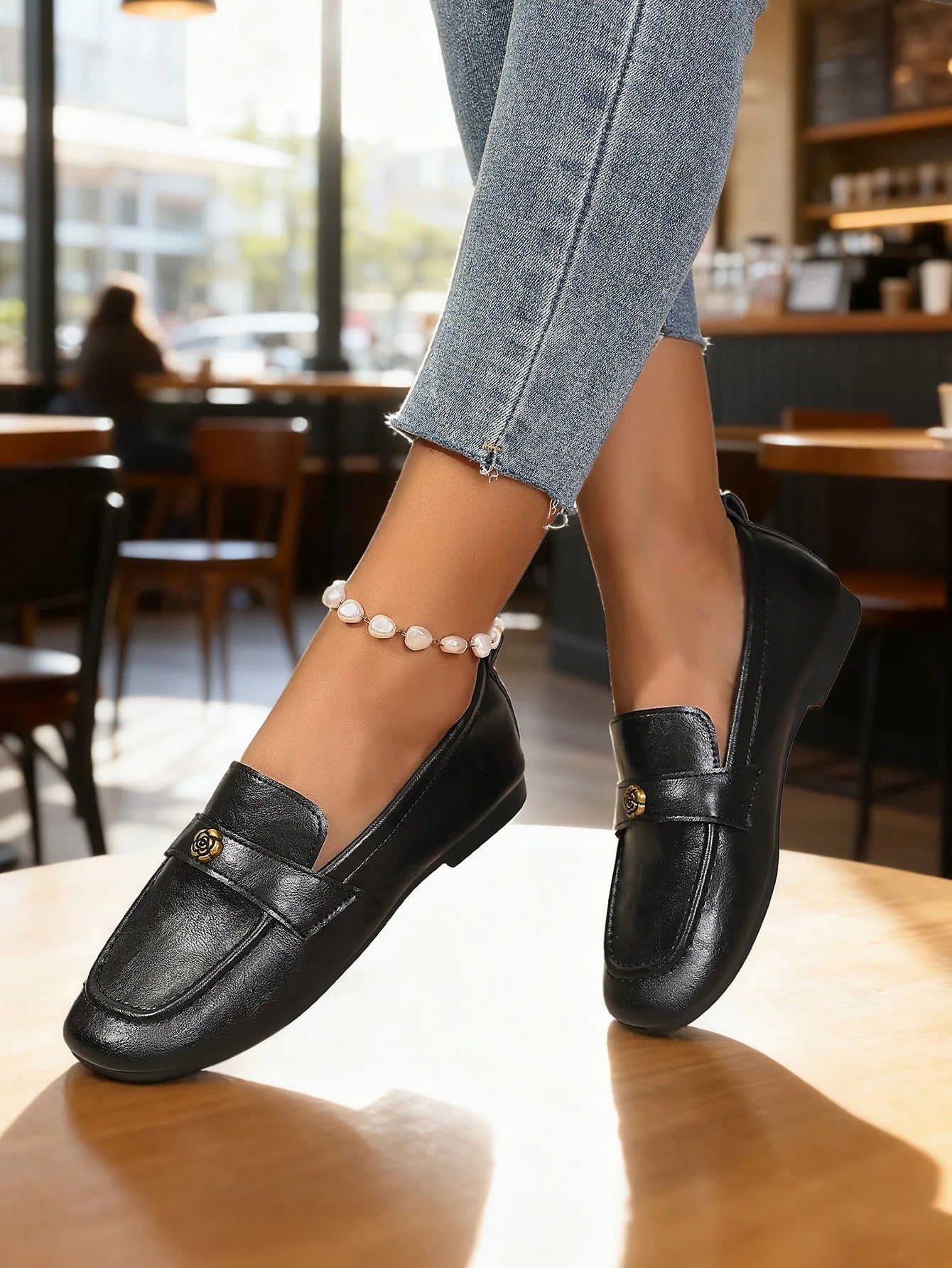 Women's Leather Flat Loafers with Gold-Tone Flower Accessory Round Apron Toe Low Block Heel Comfortable & Office Dress Shoes luxecrown.co.uk