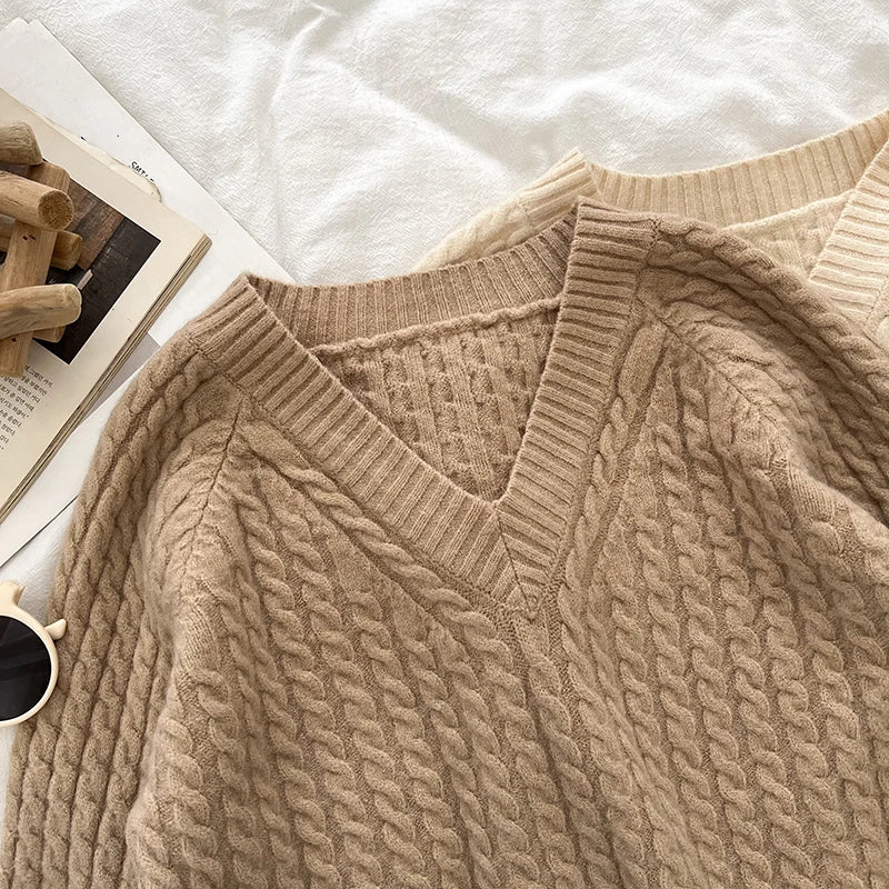 2026 New Autumn Winter Women V-neck Long Sleeve Knitted Sweaters Twist Striped Loose Solid Color Short Pullover Tops