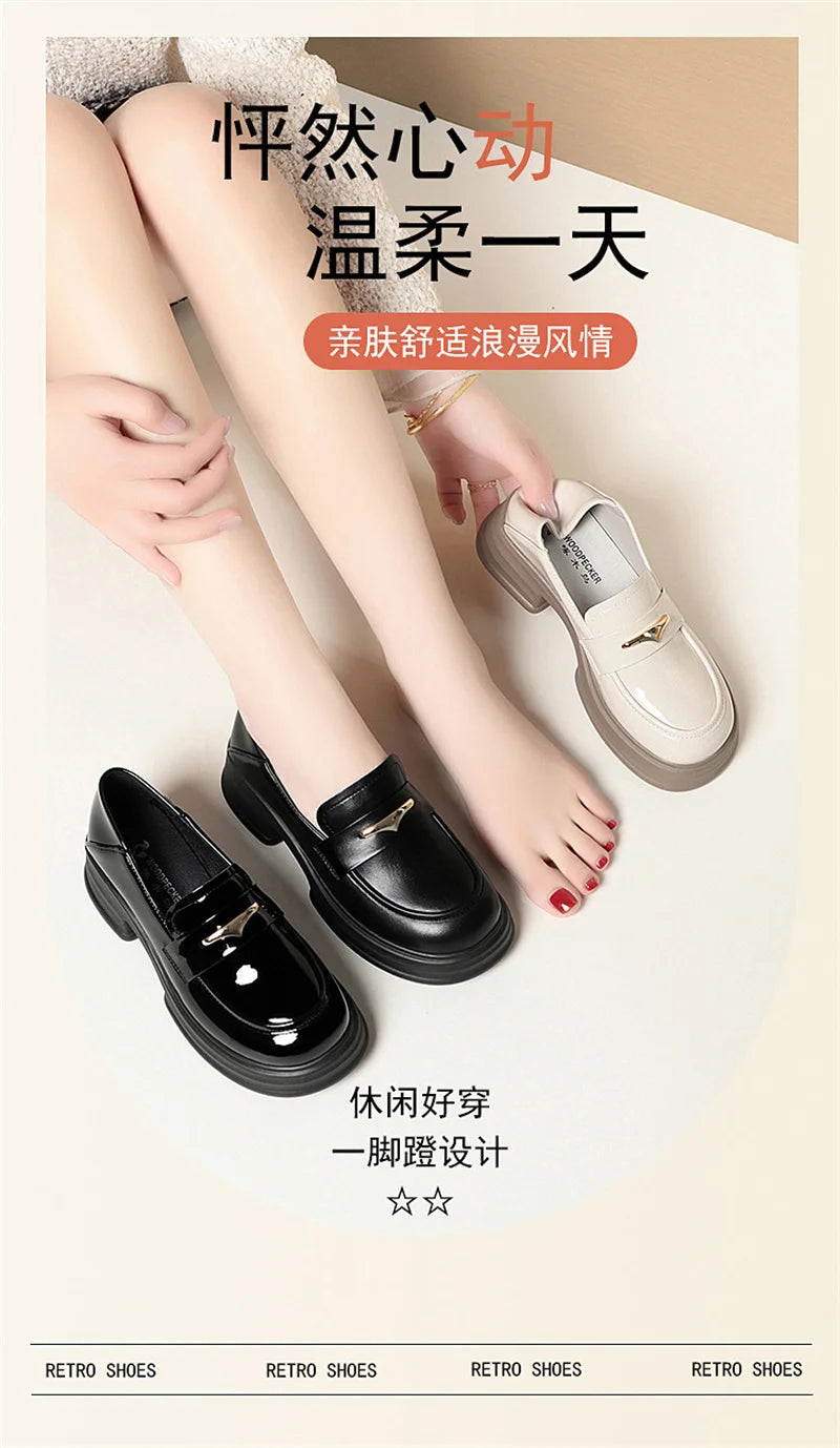 Thick-Soled Loafers Women's Spring And Autumn New British Style Retro Sponge Cake Leather Shoes Thick Heel Black Single Shoes luxecrown.co.uk