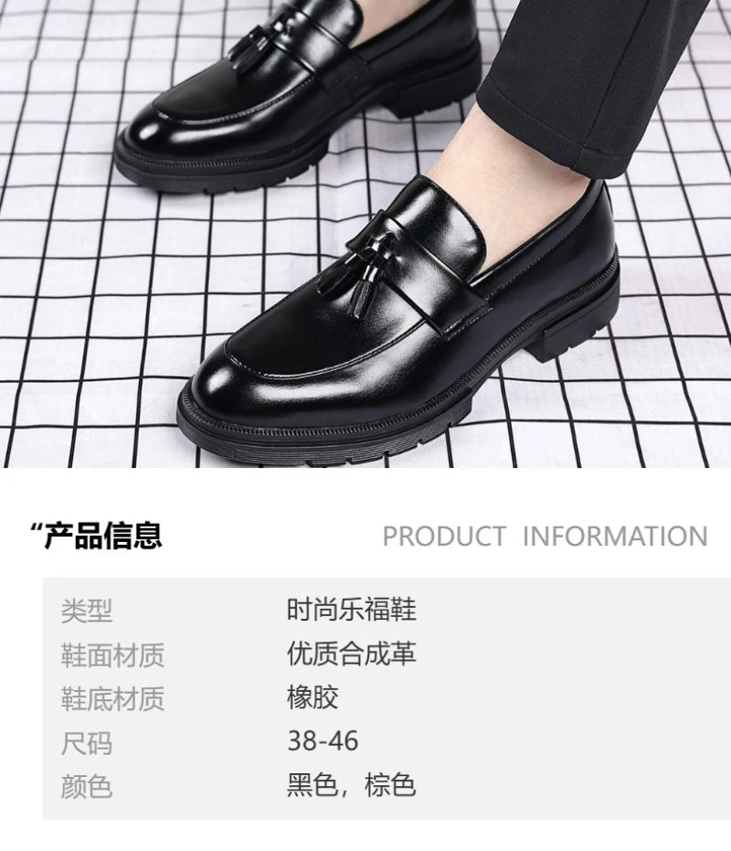 Mens Brown Genuine Leather Tassel Penny Loafers Slip On Chunky Sole Formal Dress Shoes Comfortable Non Slip For Business Office luxecrown.co.uk