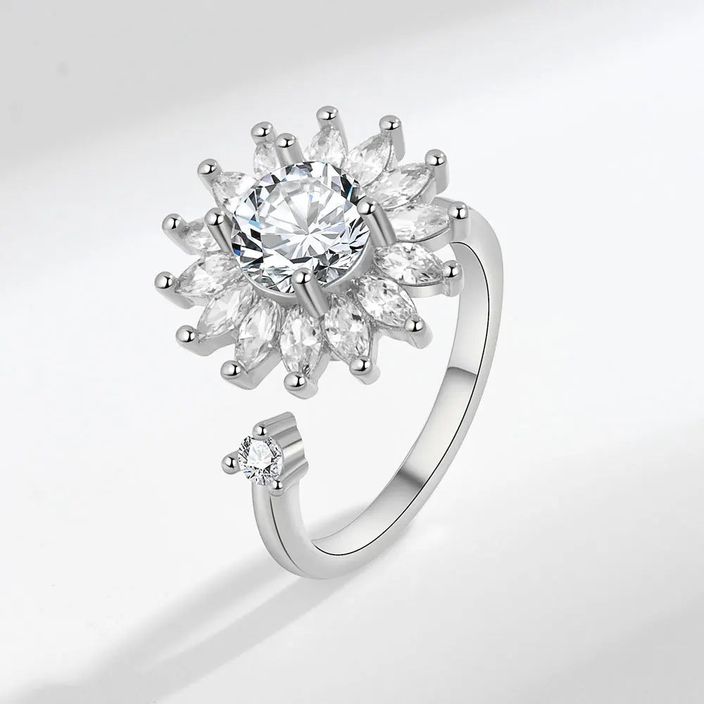 VENTFILLE 925 Sterling Silver Sunflower Diamond Zircon Rotatable Ring For Women Gift Relieve Stress Ring Jewelry Wholesale Streetsharks