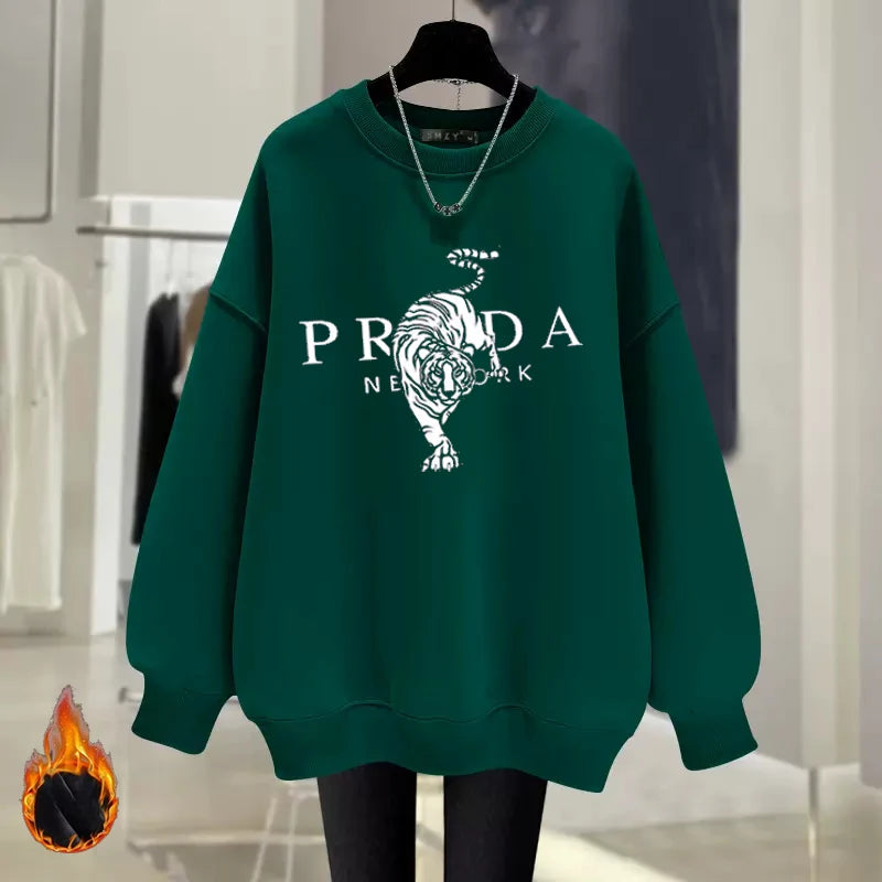 Luxury Brand Tiger Print Spring Autumn and Winter Fashion Loose Round Neck Pullover Sweater Women's Velvet Thicker Streetsharks