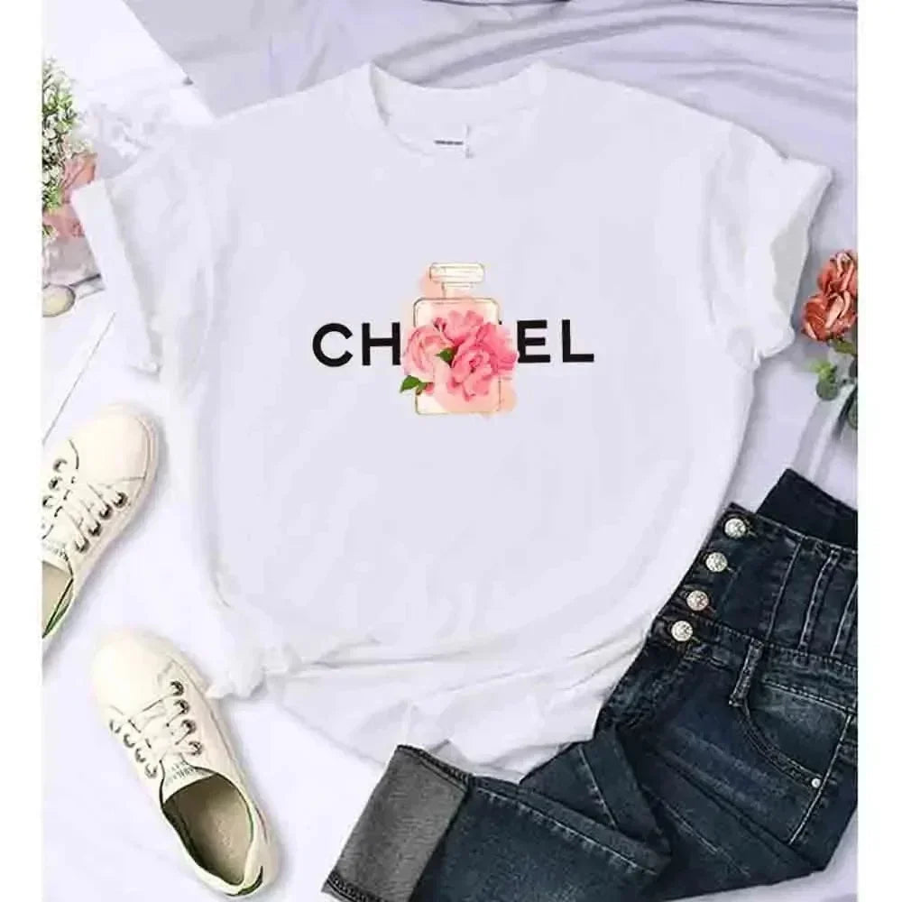 Luxury Fashion Brand Printed Women's Summer T-Shirt Alphabet Flower Perfume Shirt Pattern T-Shirt High Quality Short Sleeve Top Streetsharks