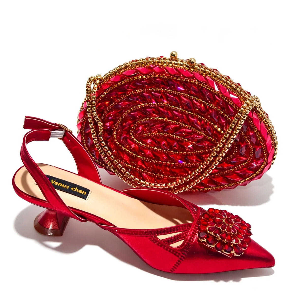 2026 Italian Peach Gold Rhinestone HAND CRAFTED UPPER Pointed Toe Women High Heels Shoes and Bag Set Elegant Party Shoes luxecrown.co.uk