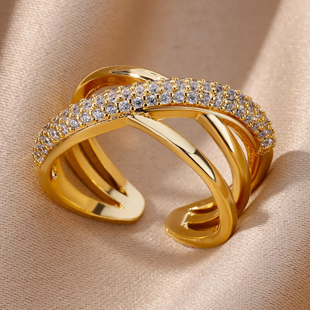 Fashion Gold Color Stainless Steel Rings For Women Chain Hollow Out Crystal Zircon Finger Ring Jewelry 2023 Gift anillos mujer Streetsharks