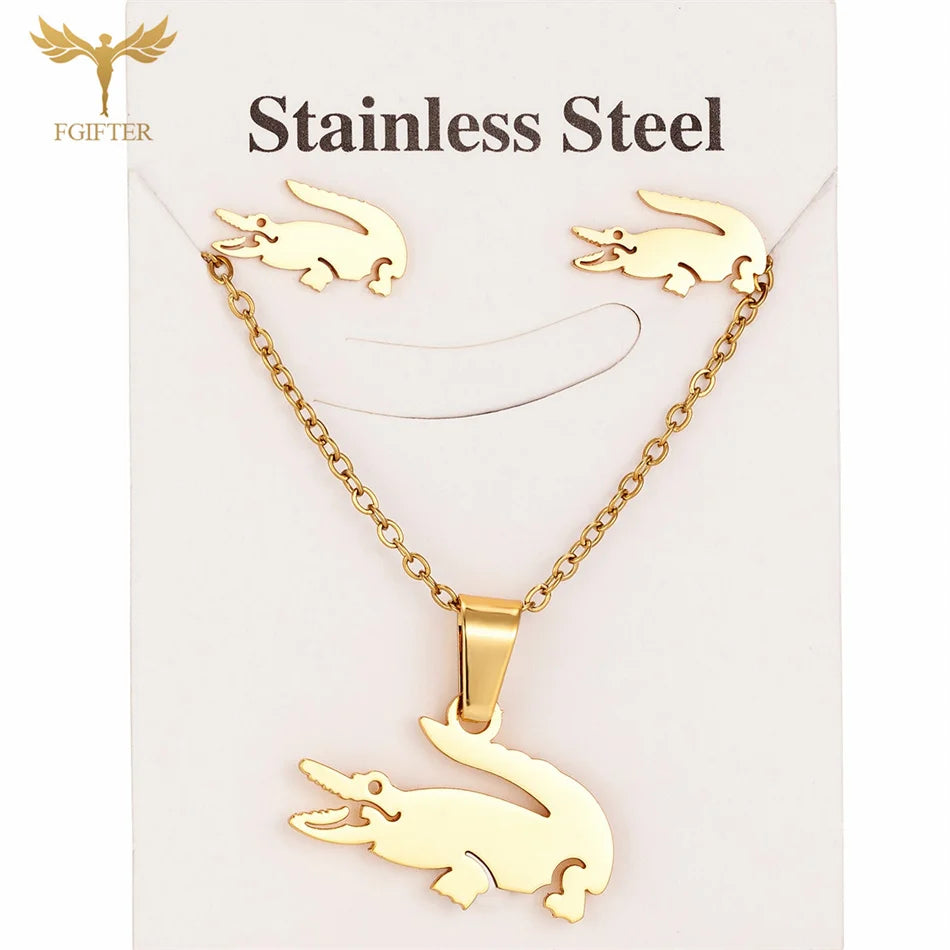 Fgift Gold Plated Sainless Steel Jewelry Sets For Women Crocodile Pendant Chain Necklace Stud Earrings Animal Design Party Gifts Streetsharks