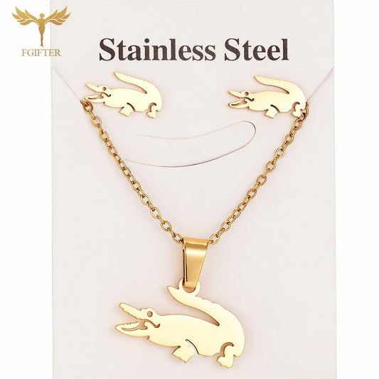 Fgift Gold Plated Sainless Steel Jewelry Sets For Women Crocodile Pendant Chain Necklace Stud Earrings Animal Design Party Gifts Streetsharks