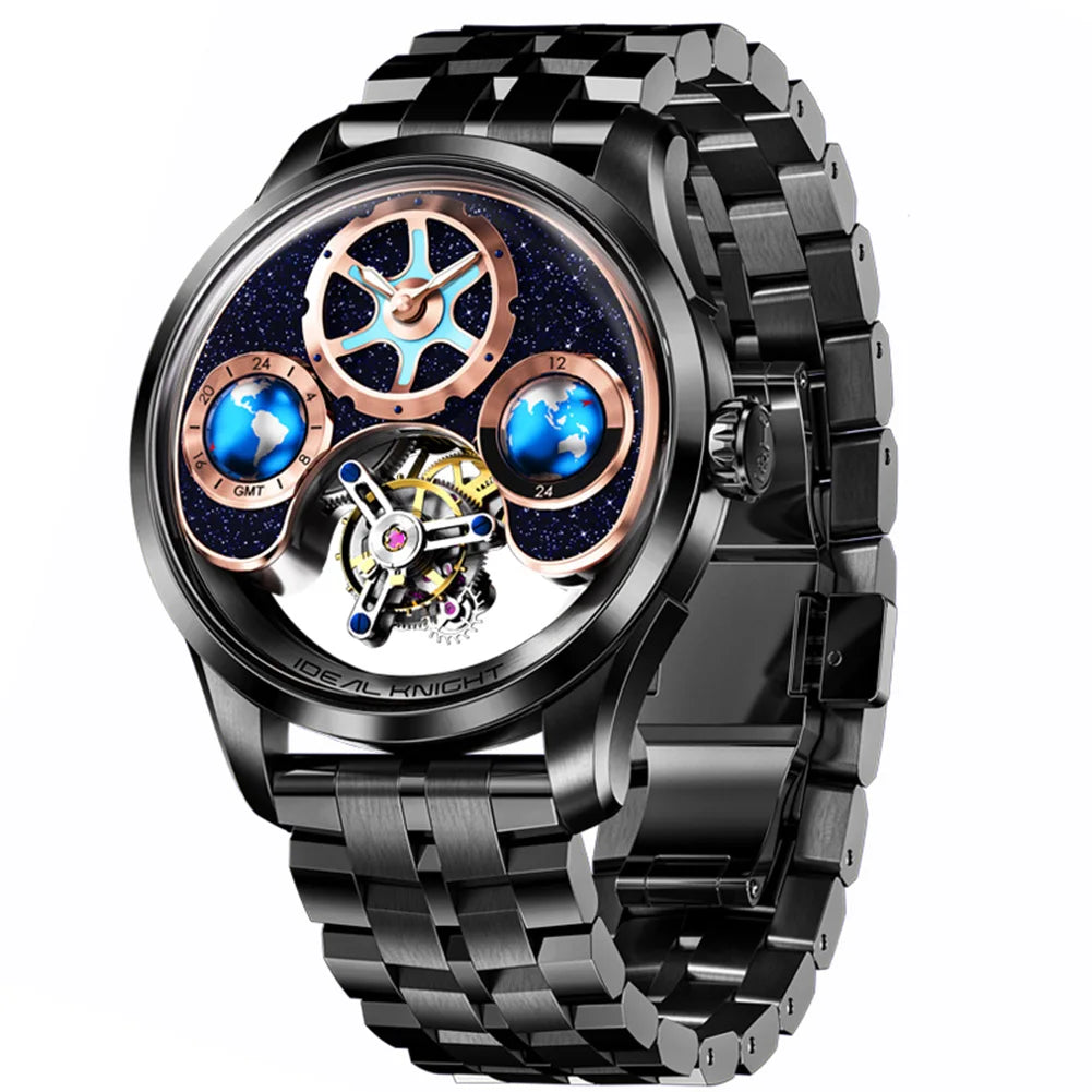 IDEAL KNIGHT Top Brand Luxruy Mens Watch Advanced Tourbillon Automatic Mechanical Watch Waterproof Luminous Dual Region Time