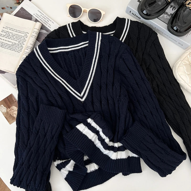 2026 New Autumn Winter Preppy Style Knitwear V-neck Long Sleeve Knitted Sweaters Twist Hit Color Striped Short Pullover Tops