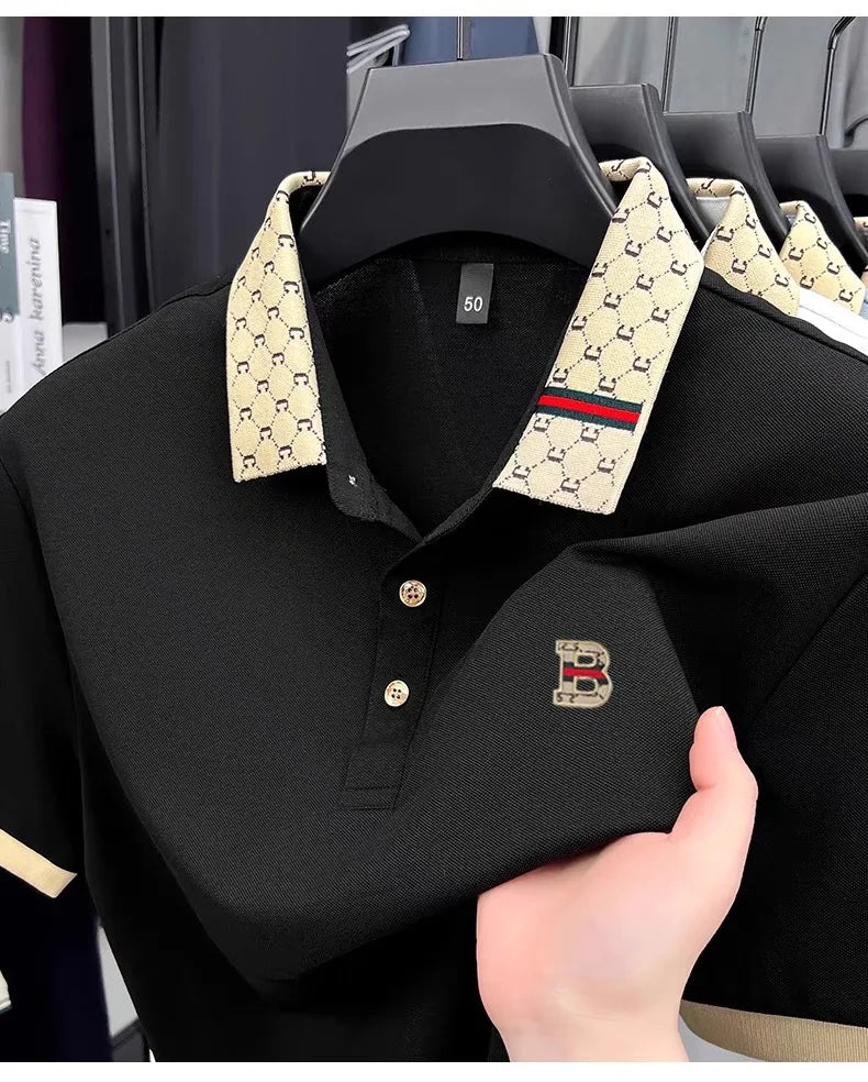 Luxury brand B letter embossed short sleeve polo shirt men summer lightweight breathable new fashion color blocked lapel T-shirt luxecrown.co.uk
