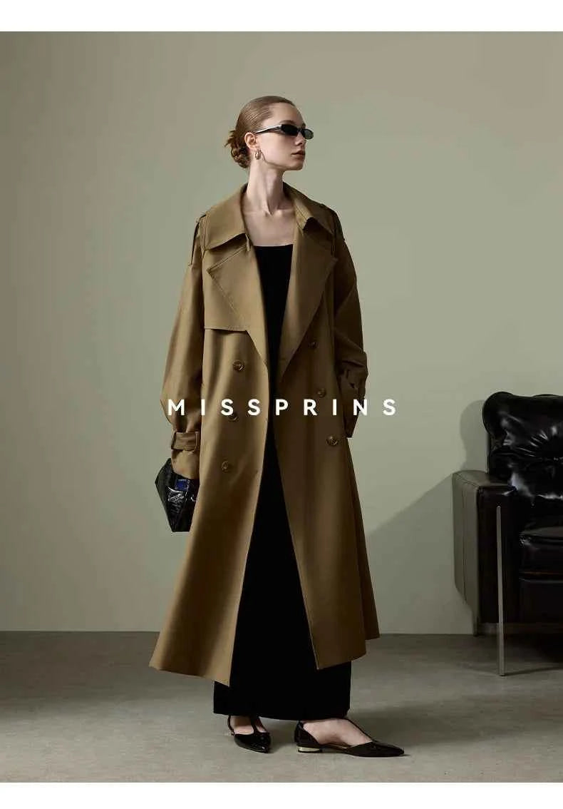 Lautaro Spring Autumn Long Khaki Trench Coat for Women Belt Double Breasted Chic Luxury Designer European Fashion Clothes 2025