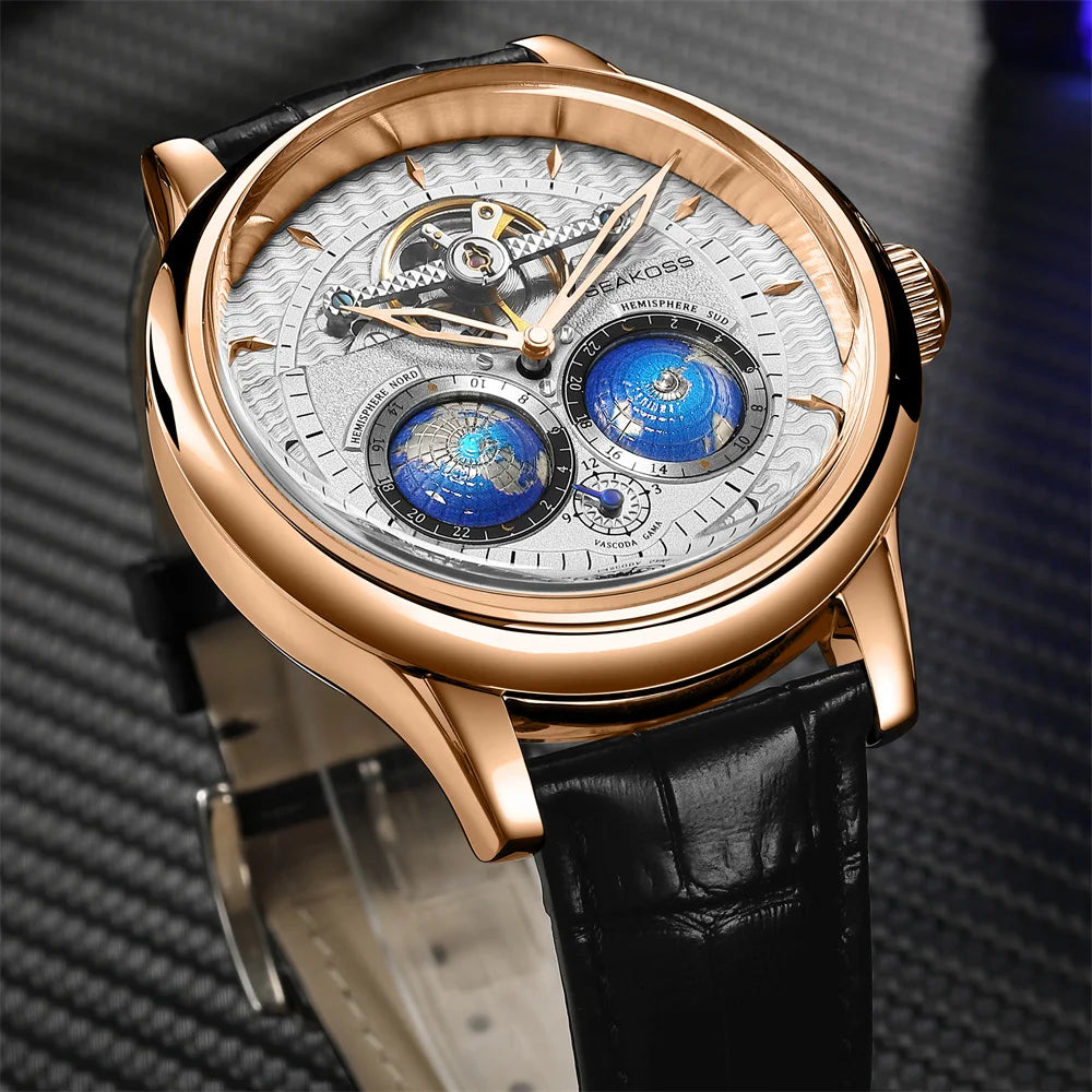 SEAKOSS Male Dual Earth Rotating Mechanical Men's Watch Automatic Movement Waterproof Clock Pilots 1963 Flywheel Wristwatches