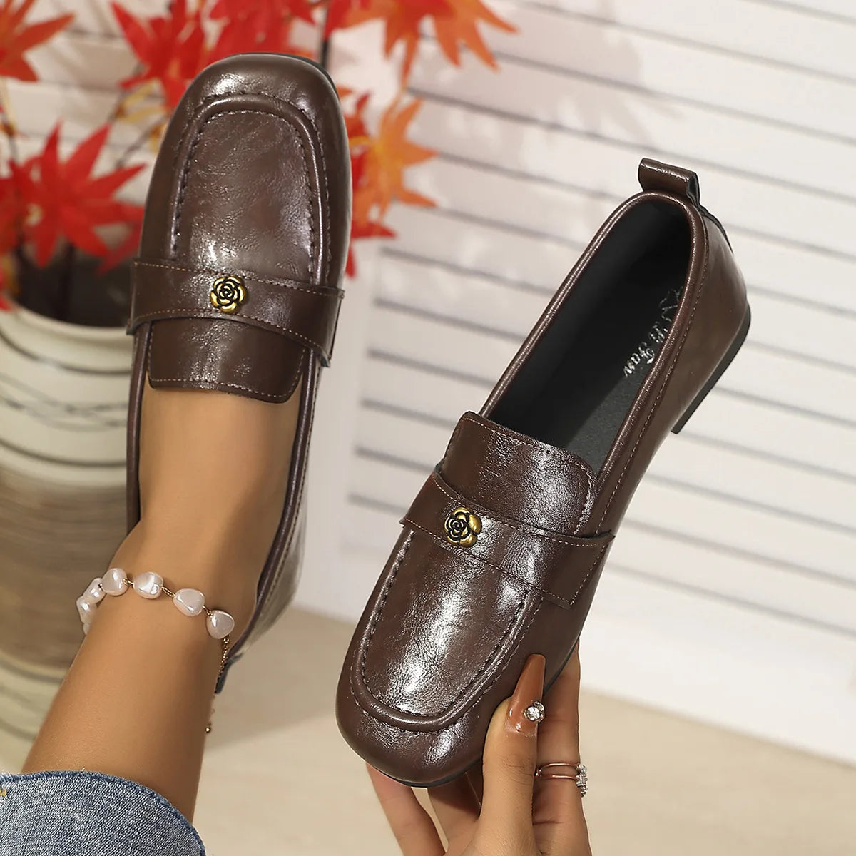 Women's Leather Flat Loafers with Gold-Tone Flower Accessory Round Apron Toe Low Block Heel Comfortable & Office Dress Shoes luxecrown.co.uk