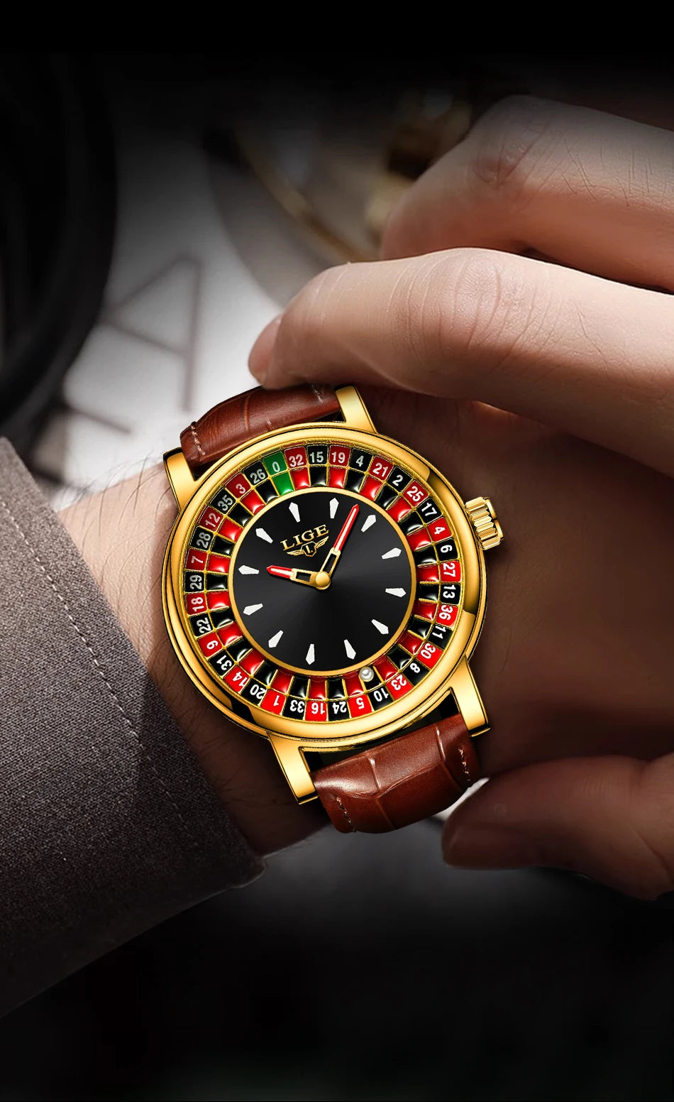 LIGE Fashion Brown Leather Men Watch Rotating Dial Las Vegas Roulette Desktop Theme Watch Men Waterproof Luminous Clock Watches