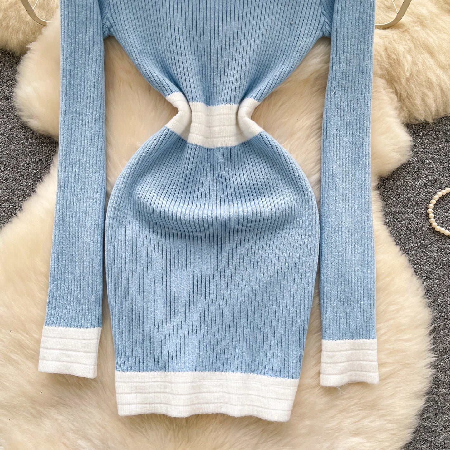 Women's French Style V Neck Long Sleeve Knitted Bodycon Dress Classic Soft Office Elegant Lady Autumn