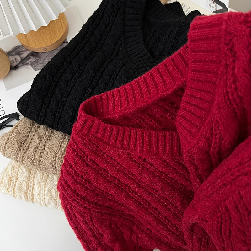 2026 New Autumn Winter Loose Casual Knitwear V-neck Long Sleeve Knitted Sweaters Twist Hollow Out Crochet Short Pullover Tops