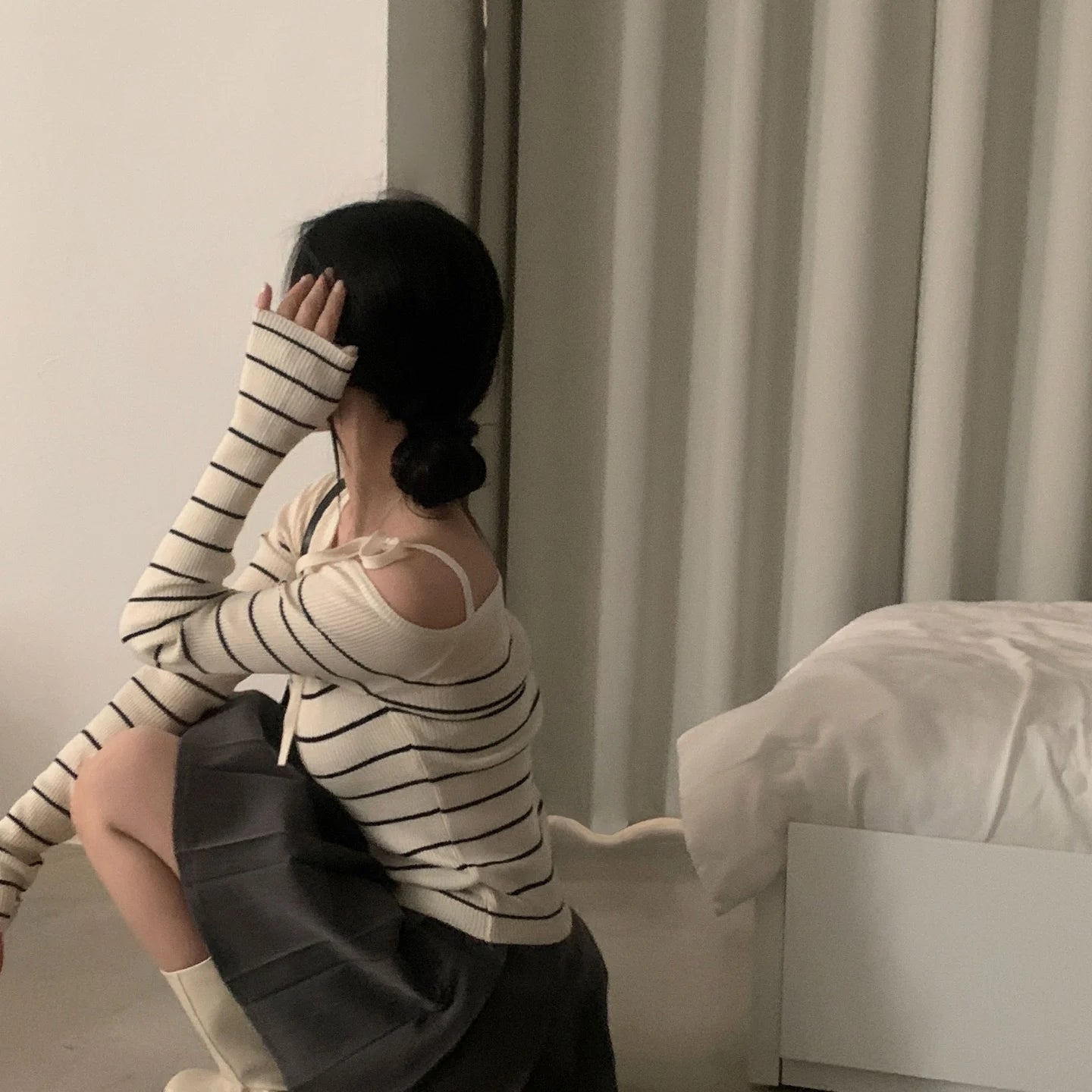 2026 New Women's Elegant Off-Shoulder Sweater T-Shirt Black White Striped with Adjustable Lace-Up Fall Winter Casual Chic Top