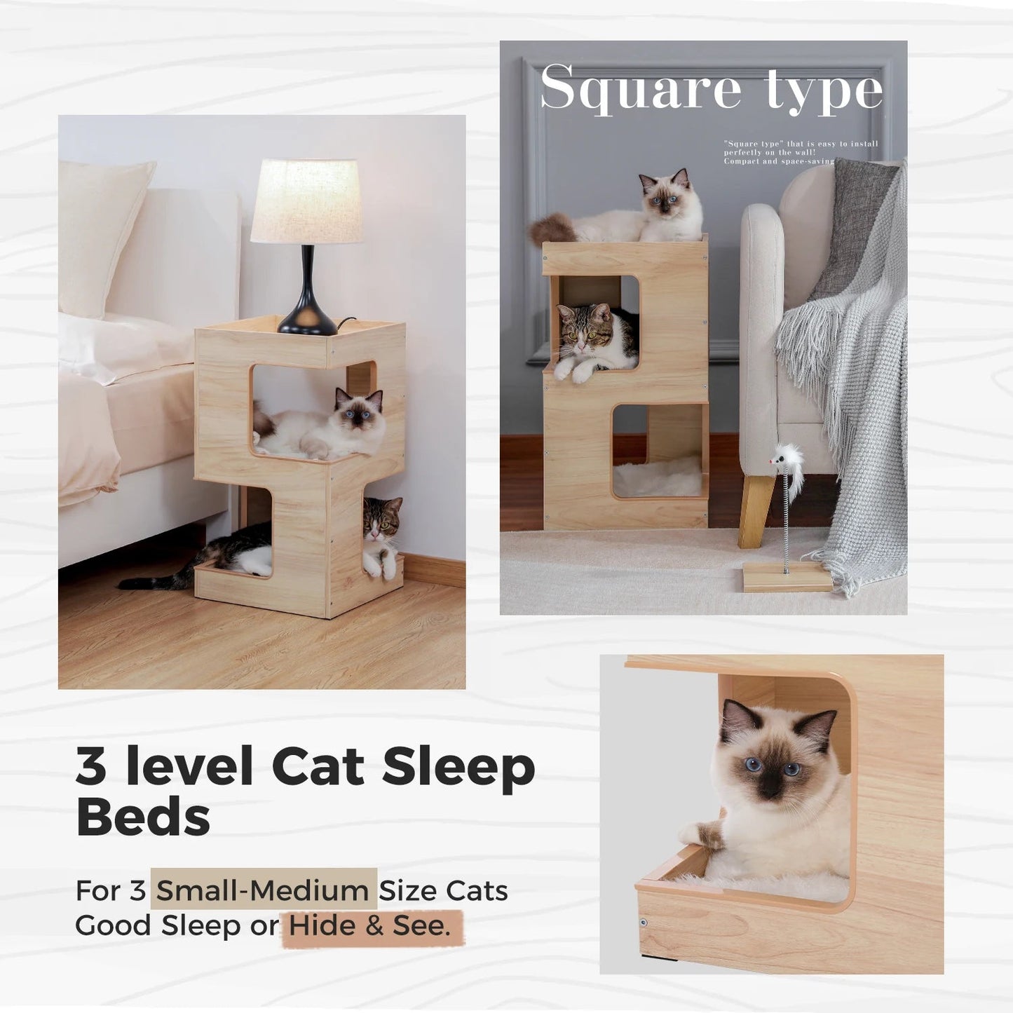 Wood Cat Condo House Bed with Removable Soft Mats Modern Cat Tree Tower with Scratching Pad Cat Scratcher Furniture Kitten Toys luxecrown.co.uk