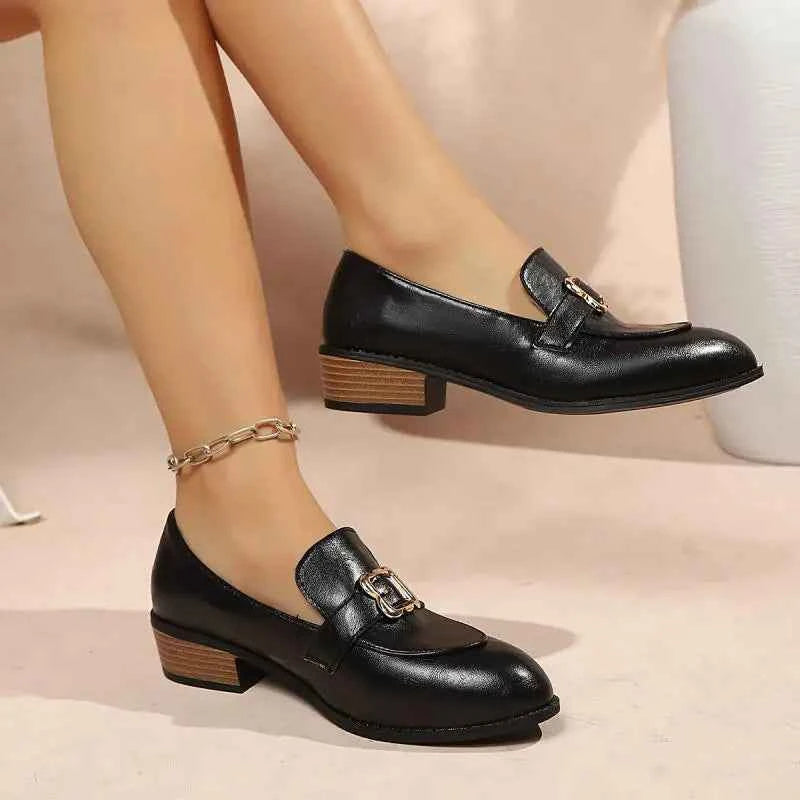 Retro Metal Buckle Thick Heel Loafers Women Summer 2026 Classic Black Brown Pu Leather Loafer Elegant Dress Shoes for Women luxecrown.co.uk