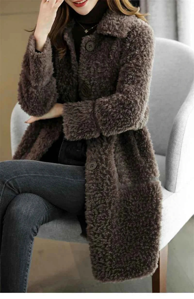Female Winter Slim Grain Wool Middle Long Coat Women New Middle-Aged And Elderly Cashmere Thickened Imitation Lamb Wool Overcoat