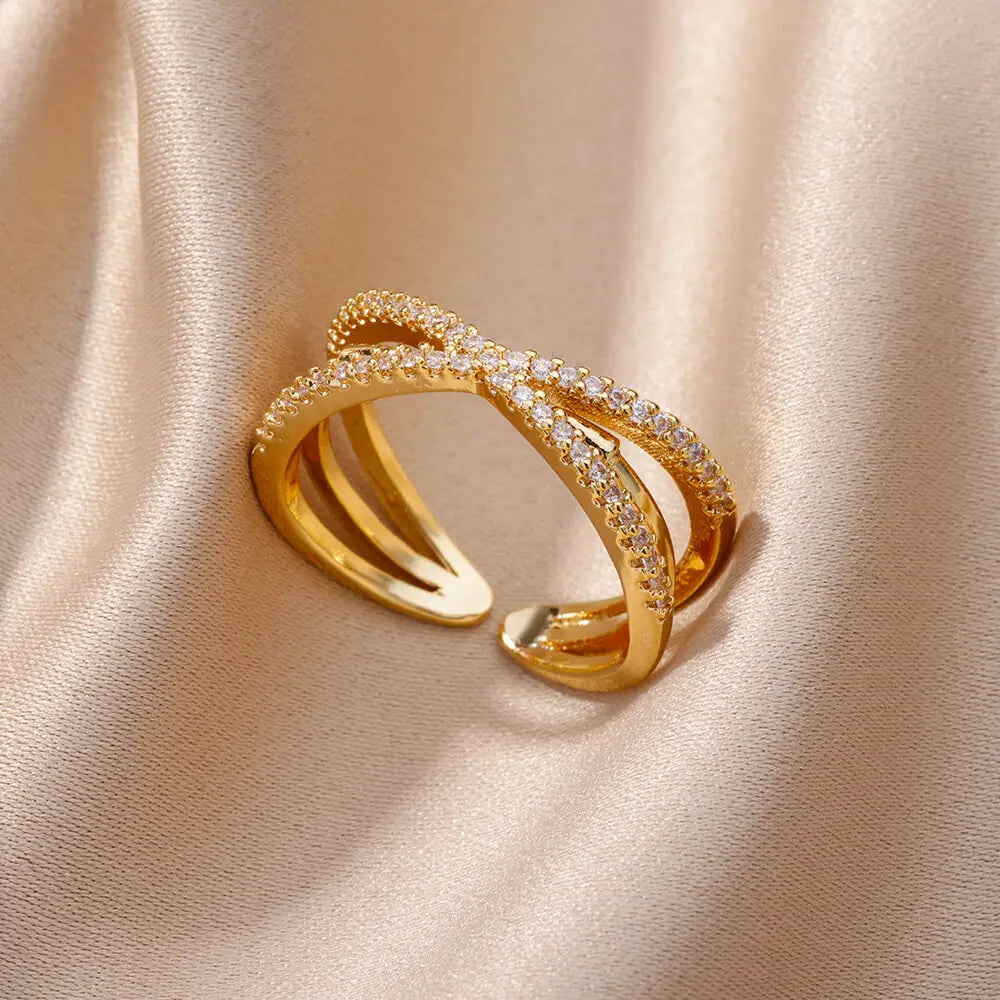 Fashion Gold Color Stainless Steel Rings For Women Chain Hollow Out Crystal Zircon Finger Ring Jewelry 2023 Gift anillos mujer Streetsharks