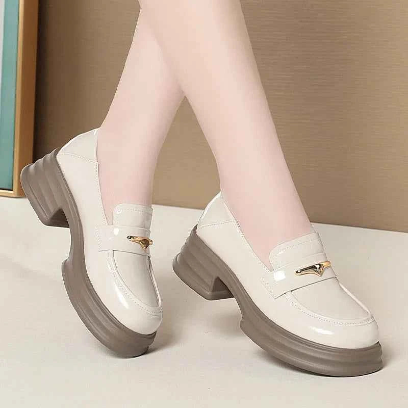 Thick-Soled Loafers Women's Spring And Autumn New British Style Retro Sponge Cake Leather Shoes Thick Heel Black Single Shoes luxecrown.co.uk