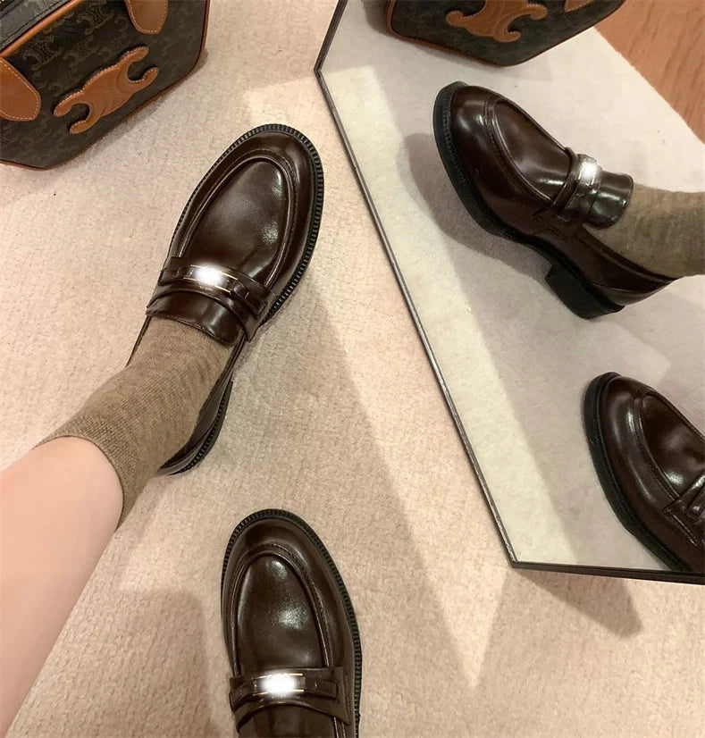 Spring New Women's Genuine Leather Shoes British Style Black Casual Shoes Banquet Office Wear Stylish Metal Design Loafers luxecrown.co.uk