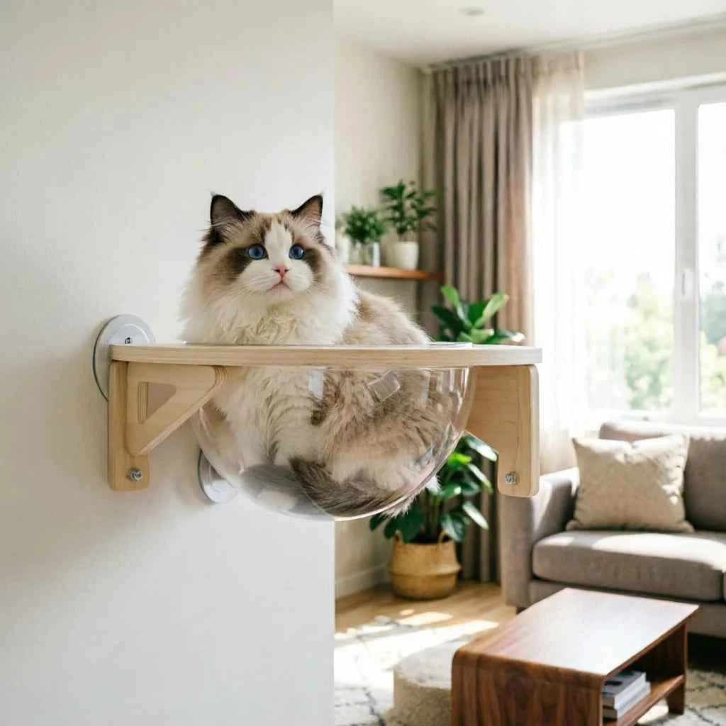 Clear Cat House Wall-Mounted Wooden Cat Space Capsule Clear Capsule Kitten Walls Shelves 15.75inch Load-bearing Up to 16.53lbs