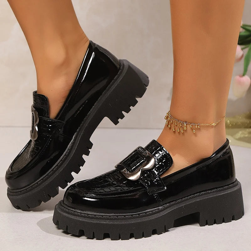 Plus Size Platform Loafers Shoes for Women 2025 Fashion Metal Buckle Pu Leather Shoes Woman Spring Autumn Slip On Flats Female luxecrown.co.uk