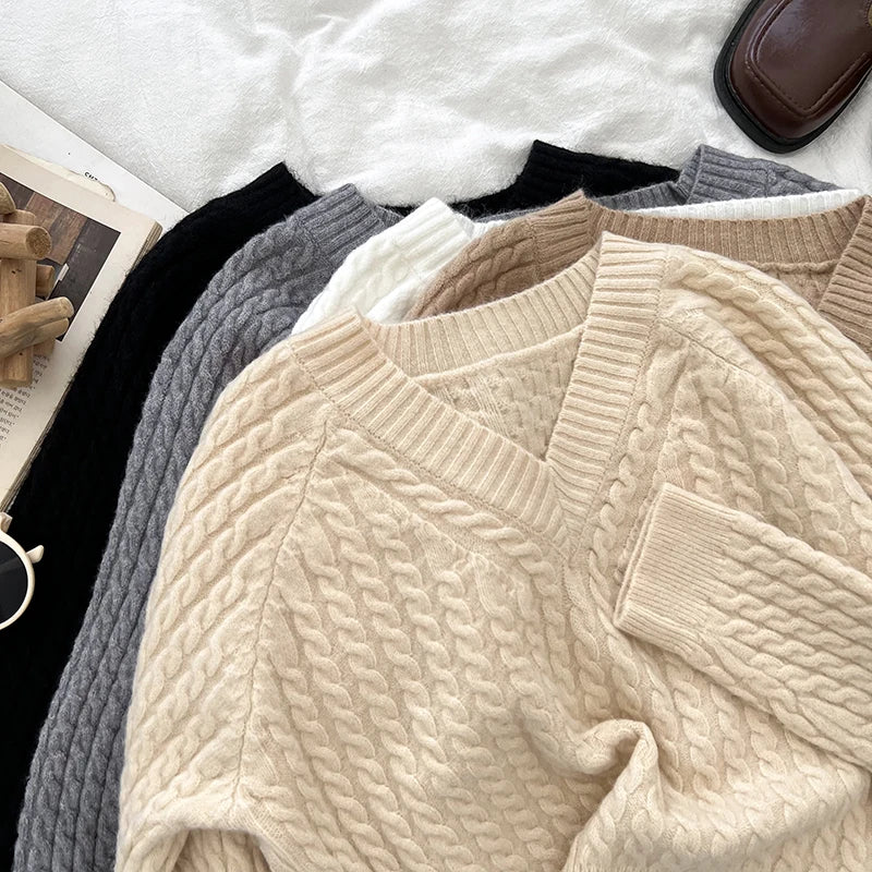 2026 New Autumn Winter Women V-neck Long Sleeve Knitted Sweaters Twist Striped Loose Solid Color Short Pullover Tops