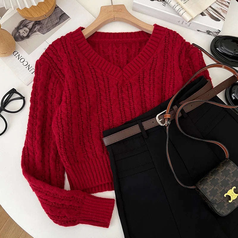2026 New Autumn Winter Loose Casual Knitwear V-neck Long Sleeve Knitted Sweaters Twist Hollow Out Crochet Short Pullover Tops