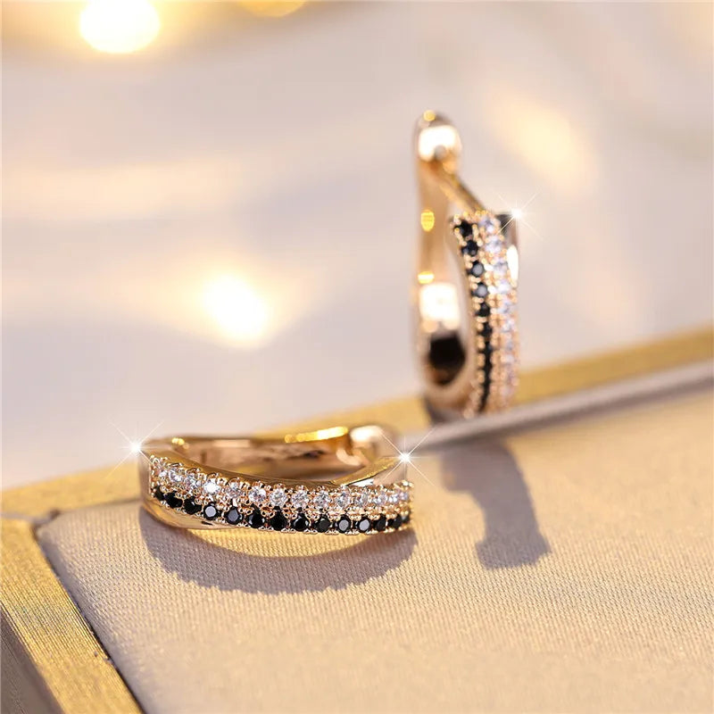 Luxury Female Black White Zircon Stone Clip Earrings Charm Gold Color Wedding Jewelry For Women