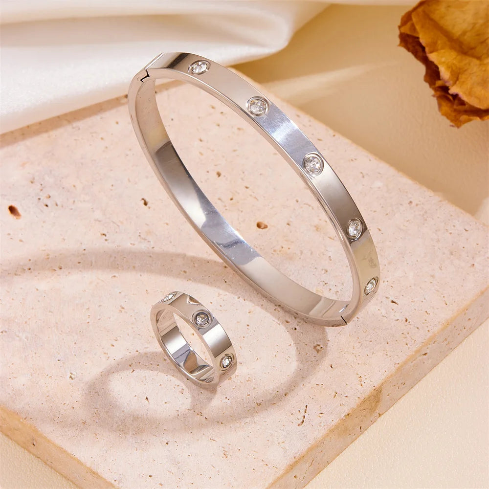 Luxury Stainless Steel Crystal Charm Bangle/Ring for Women Gold Color Non Tarnish Cuff Bracelet Jewelry Set Gift Party Streetsharks