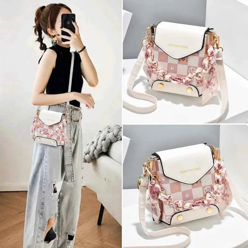Wear-resistant PU leather mini single-shoulder bag for women, flip cover cartoon square graffiti crossbody bag