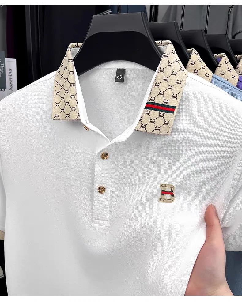 Luxury brand B letter embossed short sleeve polo shirt men summer lightweight breathable new fashion color blocked lapel T-shirt luxecrown.co.uk