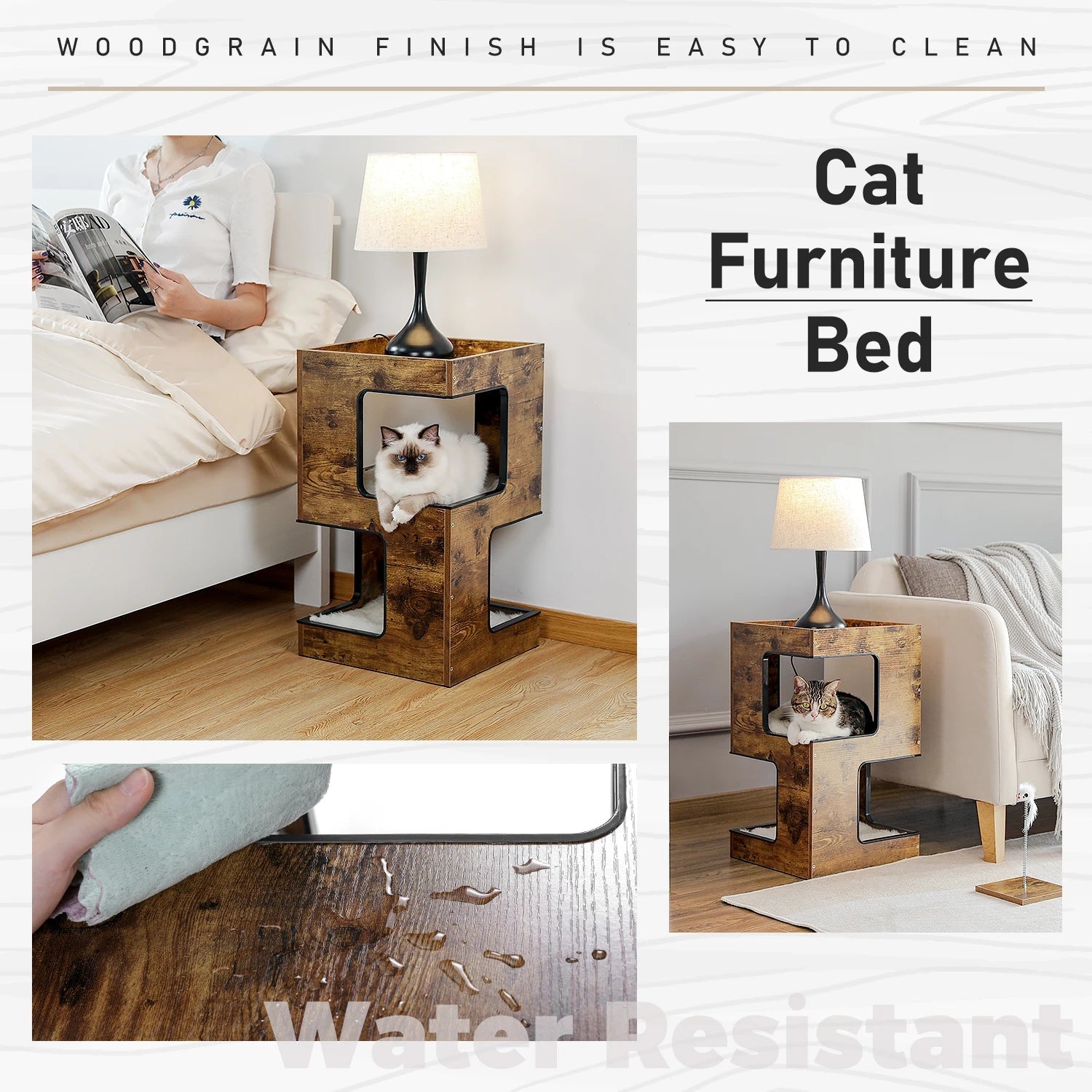 Wood Cat Condo House Bed with Removable Soft Mats Modern Cat Tree Tower with Scratching Pad Cat Scratcher Furniture Kitten Toys luxecrown.co.uk