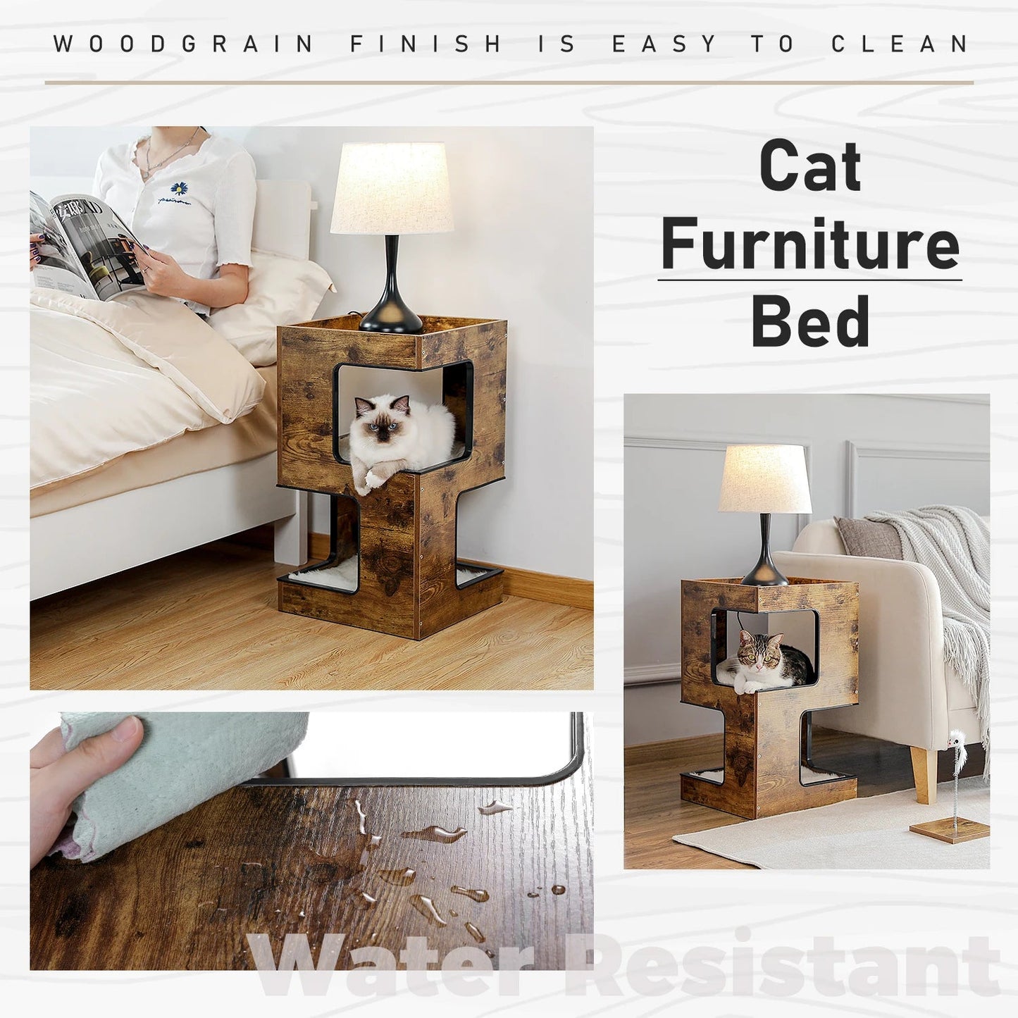 Wood Cat Condo House Bed with Removable Soft Mats Modern Cat Tree Tower with Scratching Pad Cat Scratcher Furniture Kitten Toys luxecrown.co.uk