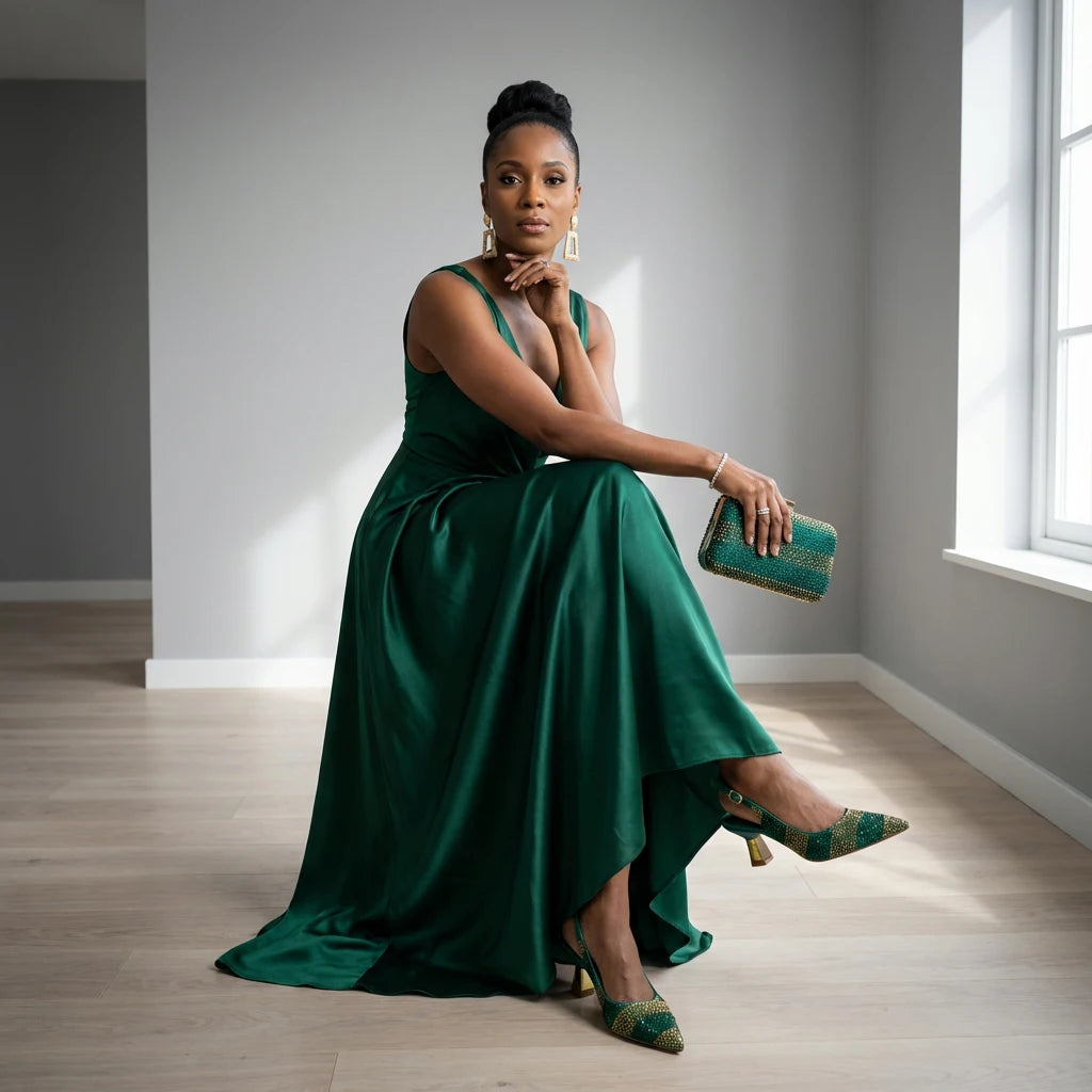 2026 Nigerian Women Heel Ladies Italian Luxury Design Green Shoes And Bag Set Decorated with Rhinestone Handbag Wedding Party luxecrown.co.uk