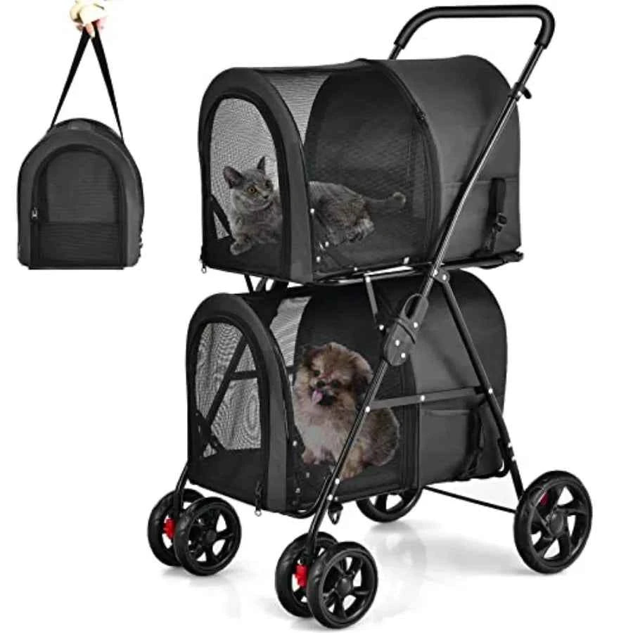 Pet stroller for travel and strolling; polyester fabric; black; double detachable carrier bags, safety belt, 4 lockable wheels,
