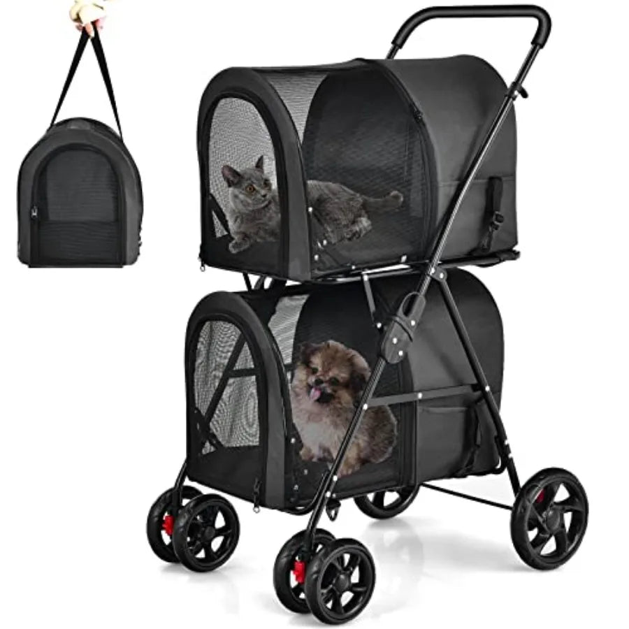 Pet stroller for travel and strolling; polyester fabric; black; double detachable carrier bags, safety belt, 4 lockable wheels, luxecrown.co.uk