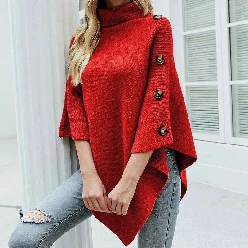 2025 Autumn Winter Shawl Cloak Sweater Solid Color Turtleneck Oversized Cape Coat Female Ponchos Pullover Knitted Bat Sleeve Top