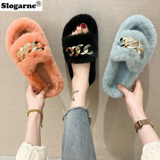 Fashion Faux Fox Fur Slippers Women Spring Autumn Fluffy Slides Ladies Peep Toe Fur Shoes Flat Large Size Furry Soft House Shoes luxecrown.co.uk