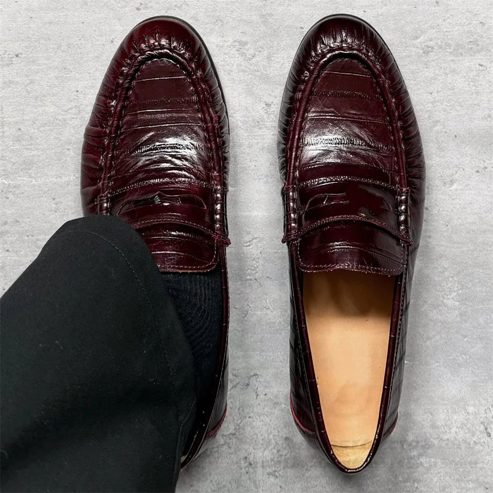Retro Loafers for Men Lazy Eel Casual Leather Shoes Pleated Single Shoes Dark Browm Slip On Elegant Slip On Bean Shoes luxecrown.co.uk