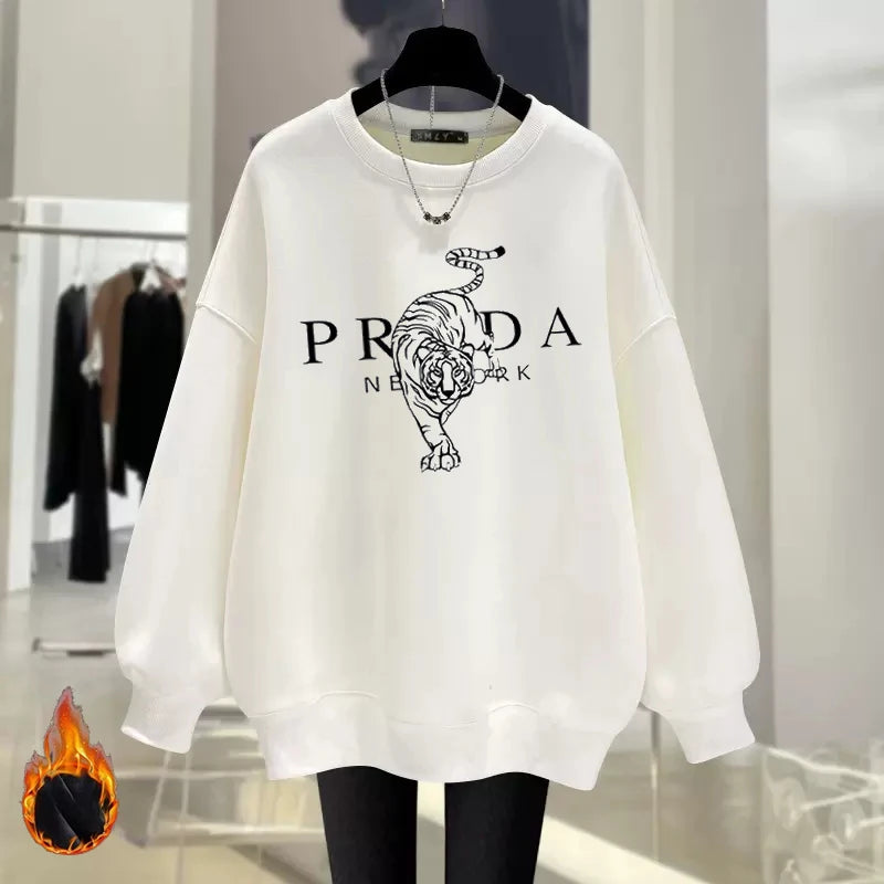 Luxury Brand Tiger Print Spring Autumn and Winter Fashion Loose Round Neck Pullover Sweater Women's Velvet Thicker Streetsharks