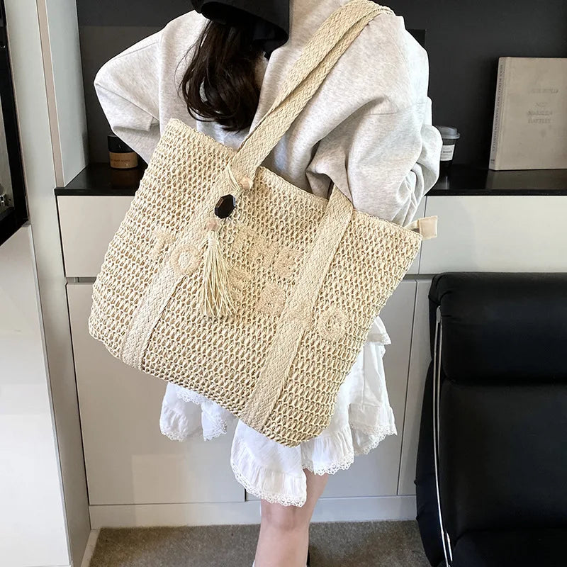 French Style Large Capacity Woven Straw Woven Bag for Women New Beach Vacation Shoulder Bag Casual Commuting Tote Bag Purse luxecrown.co.uk
